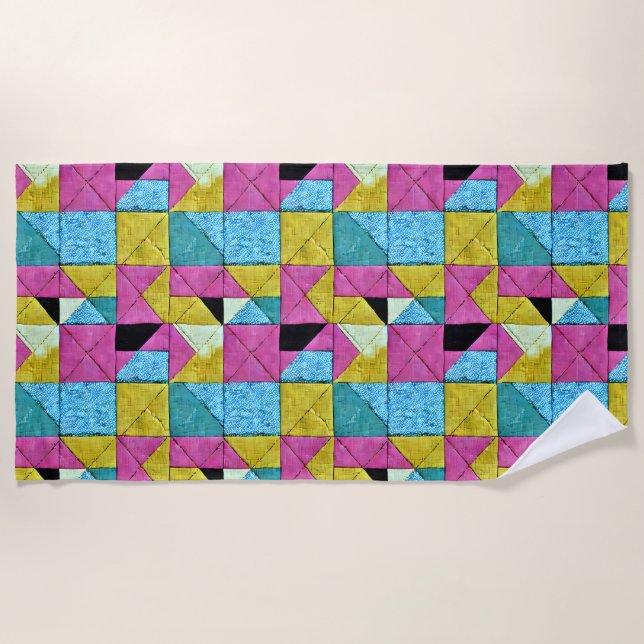 Boho Imitate Patchwork Quilt Rosa Gelb Blau Strandtuch (Vorderseite)