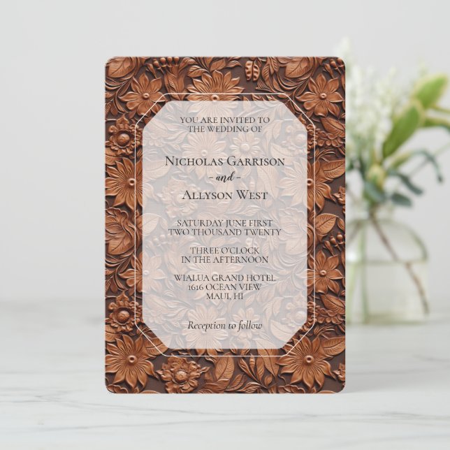 Boho Imitats Brown Leather Floral Wedding Einladung (Stehend Vorderseite)