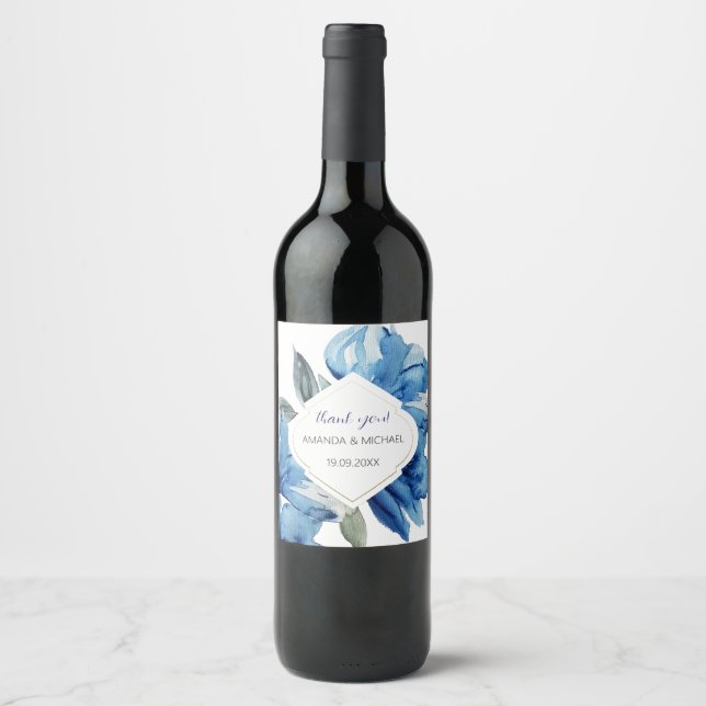 Boho Indigo Blue Abstrakt Floral Weinetikett (Vorderseite)