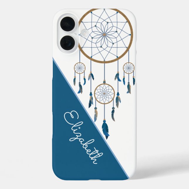 Boho Individuelle Name Dreamcatcher Blue White Fea iPhone 16 Plus Hülle (Rückseite)