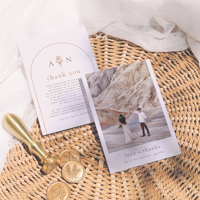 Boho Initials Terracotta Arch & Foto Wedding Dankeskarte (Von Creator hochgeladen)