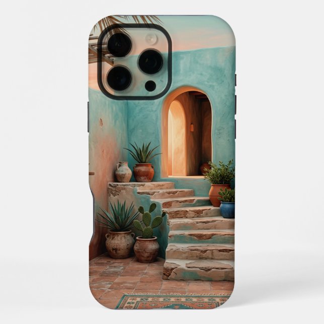 Boho iPhone 16 Pro Max Hülle | Moroccan Teal Trepp (Rückseite)