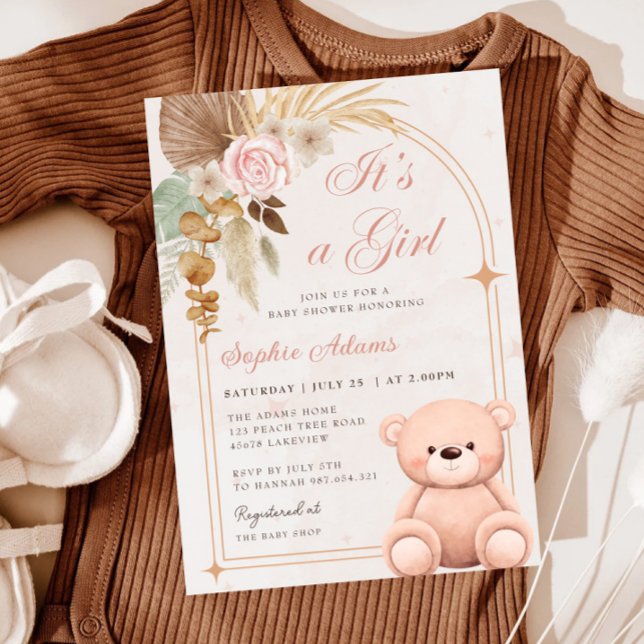 Boho It's a Girl Teddy Bear Pink Baby Shower Einladung (Von Creator hochgeladen)