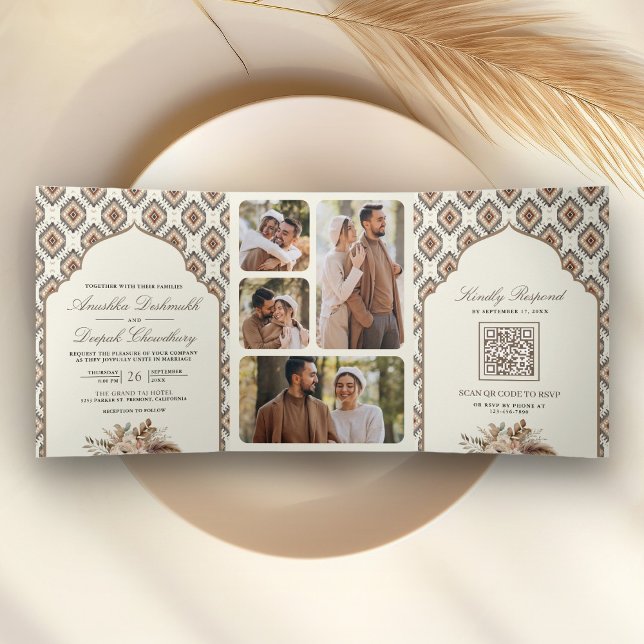 Boho Ivory Beige Ikat Foto Collage Indian Wedding Dreifach Gefaltete Einladung (Von Creator hochgeladen)