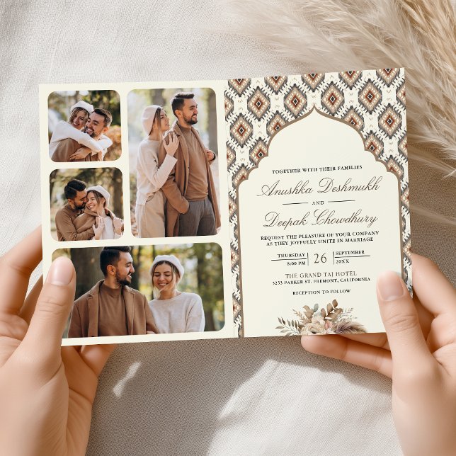 Boho Ivory Beige Ikat Foto Collage Indian Wedding Einladung (Von Creator hochgeladen)