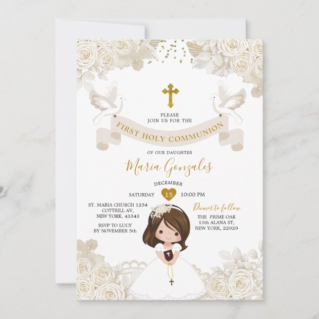 Boho Ivory White Floral Girl First Holy Communion Einladung (Vorderseite)