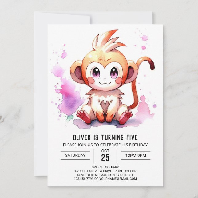 Boho Joyful Monkey Birthday Einladung (Vorderseite)