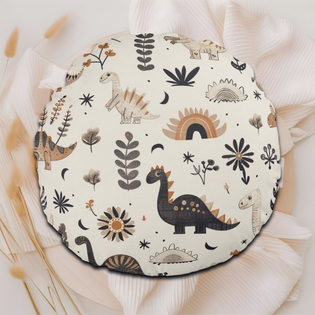 Boho Jungle Dinosaur Pattern Rundes Kissen (Von Creator hochgeladen)