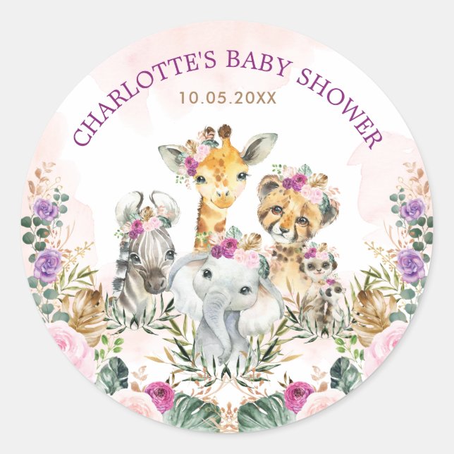 Boho Jungle Safari Tropical Wild Animals Baby Girl Runder Aufkleber (Vorderseite)