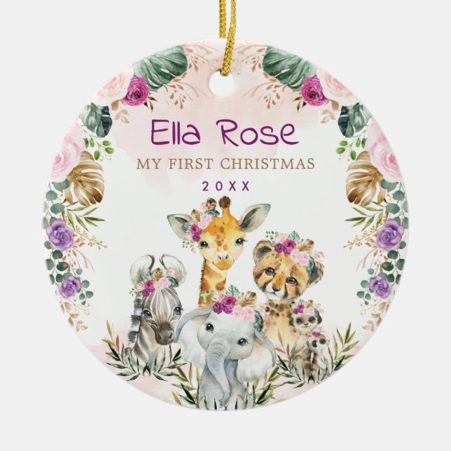 Boho Jungle Safari Wild Animals Baby 1. Weihnachte Keramik Ornament (Vorne)