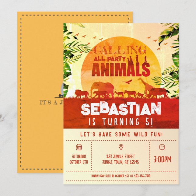Boho Jungle Safari Wild Animals Kindergeburtstag Einladung (Vorne/Hinten)
