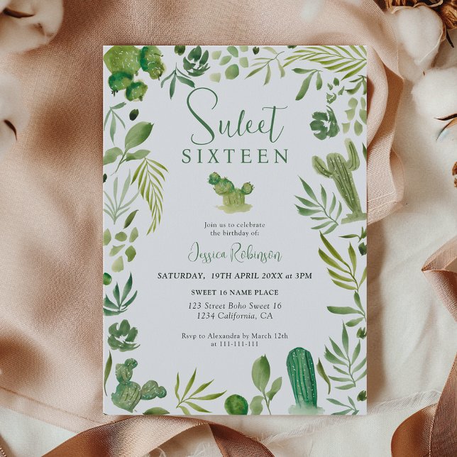 Boho Kaktus grüne tropische Wüste Süße 16 Einladung (Boho cactus green tropical desert Sweet 16 Invitation)