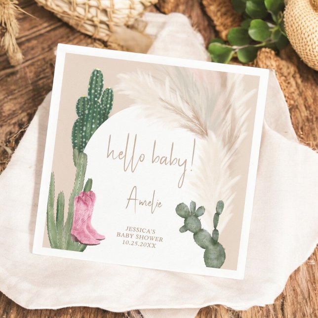 Boho Kaktus Pampas Stiefel Hallo Baby Dusche Serviette (Boho cactus pampas boots hello baby shower napkins)