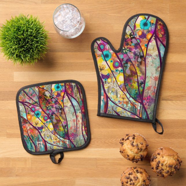 Boho Kaleidoskop - Natur Inspiriert Blumenstrauß - Ofenhandschuh & Topflappen-Set (Oben Unten)