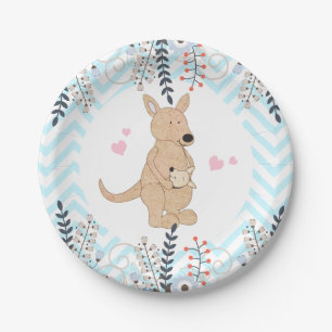 Boho Känguru-Baby-Duschen-blaue Zickzack Pappteller