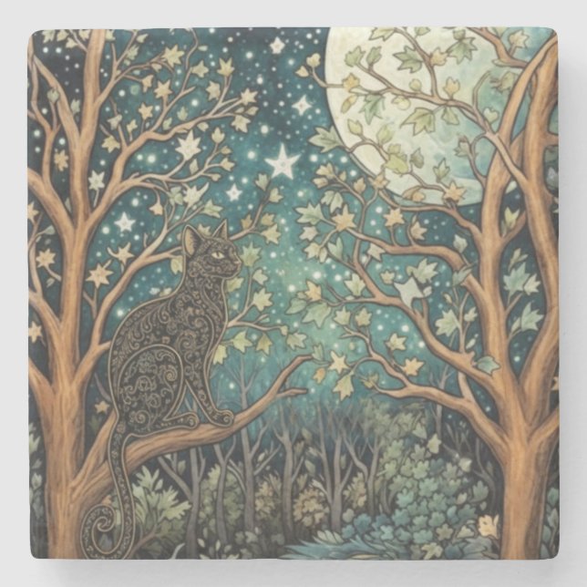 Boho-Katze sterniger Nachthimmel Wald Steinuntersetzer (Vorderseite)