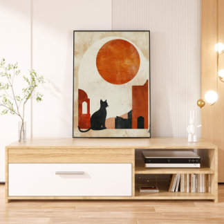 Boho-Katzen-Silhouette | Abstrakte Sonne Minimalis Leinwanddruck
