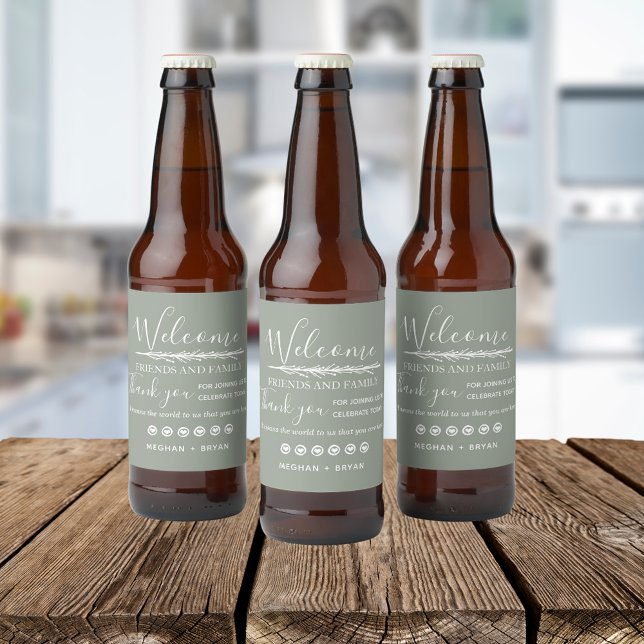 Boho Khaki Green Willkommen bei unserer Hochzeit Bierflaschenetikett (Boho Khaki Green Welcome To Our Wedding Beer Bottle Label)