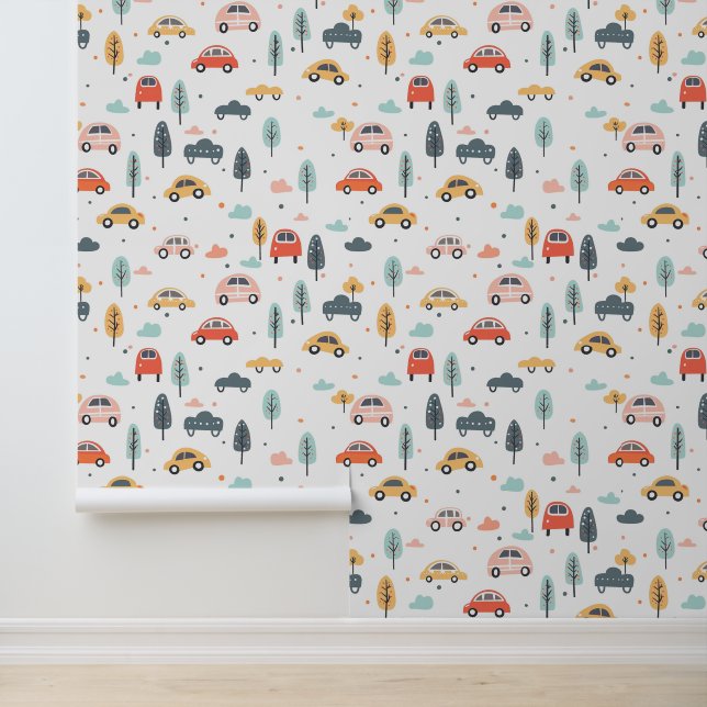 Boho Kids Cars, Trees & Clouds Muster Tapete (Anwendung)