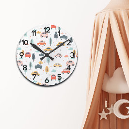 Boho Kids Cars, Trees & Clouds Pattern Kinderzimme Runde Wanduhr