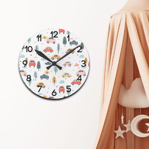 Boho Kids Cars, Trees & Clouds Pattern Kinderzimme Runde Wanduhr