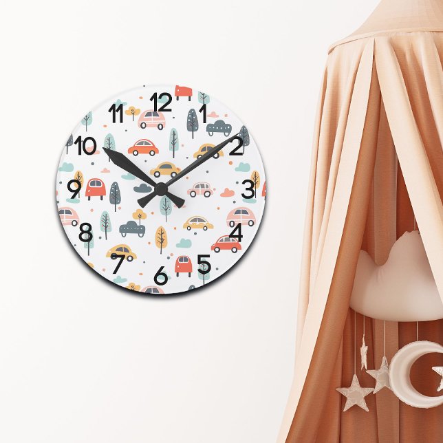 Boho Kids Cars, Trees & Clouds Pattern Kinderzimme Runde Wanduhr (Von Creator hochgeladen)