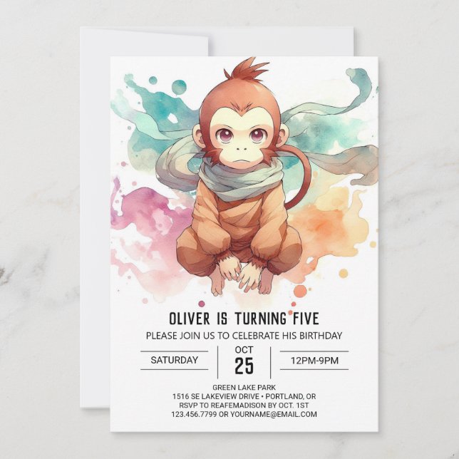 Boho Kids Monkey Birthday Einladung (Vorderseite)