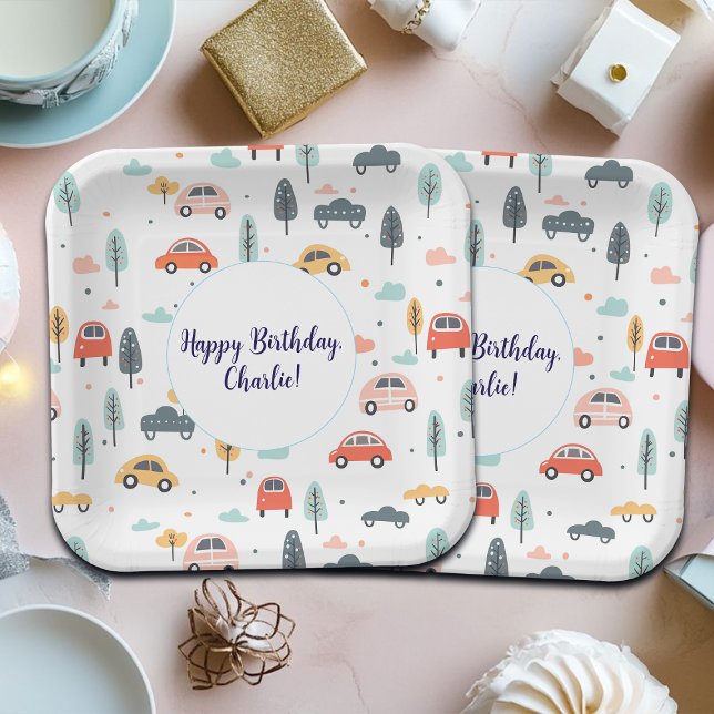 Boho Kinderwagen, Bäume & Wolken Muster Geburtstag Pappteller (Von Creator hochgeladen)