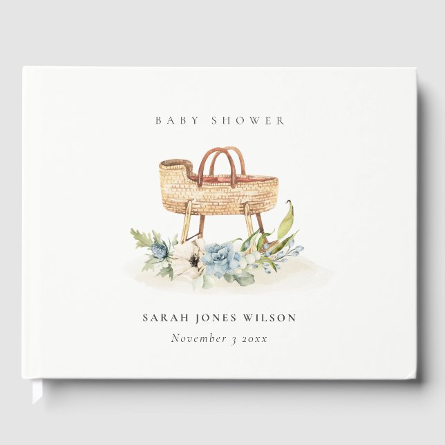 Boho Kinderzimmer Blue Floral Bassinet Baby Dusche Gästebuch (Vorderseite)