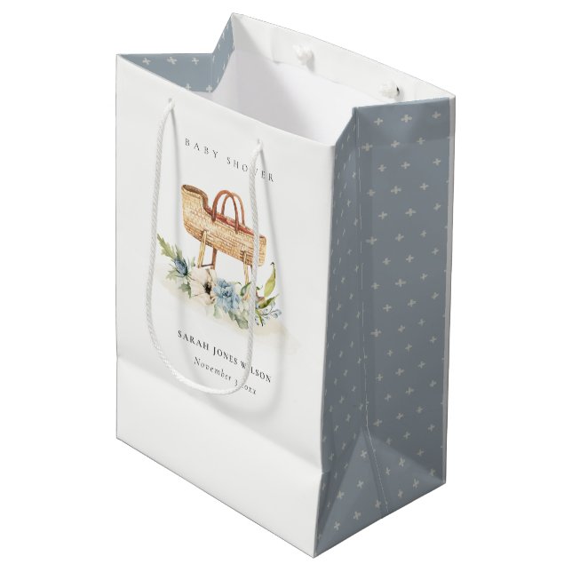 Boho Kinderzimmer Blue Floral Bassinet Baby Dusche Mittlere Geschenktüte (Vorderseite Schrägansicht)