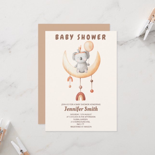 Boho Kinderzimmer, mobil, kleine Koala Babydusche Einladung (Vorderseite/Rückseite Beispiel)