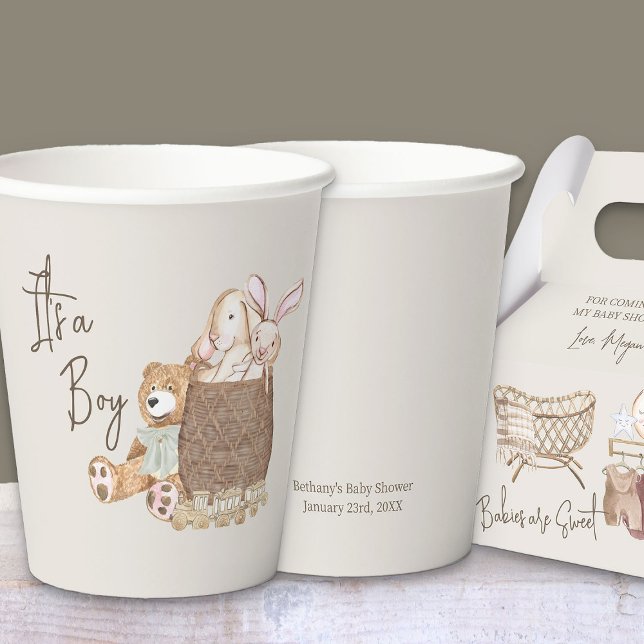 Boho Kinderzimmer Teddy Bear Custom Neutral Pappbecher (Custom paper cups with editable wording from my Boho Nursery baby shower Collection)