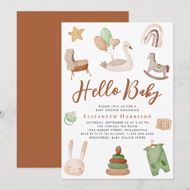 Boho Kinderzimmer Watercolor Terracotta Kinderdusc Einladung (Vorne/Hinten)
