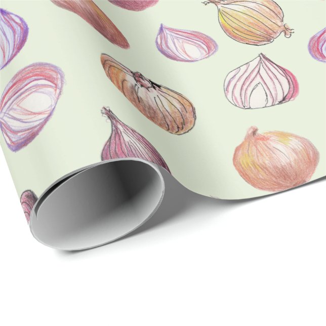 Boho Kitchen Onions Hand-Illustriert Sage Veggie Geschenkpapier (Rolleneckpunkt)