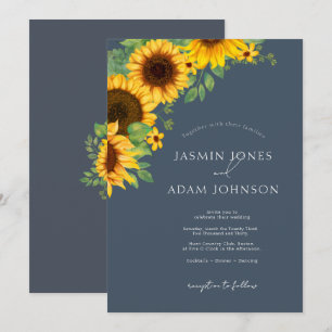 Boho königsblaue Sonnenblumen-Blumenhochzeit Einladung