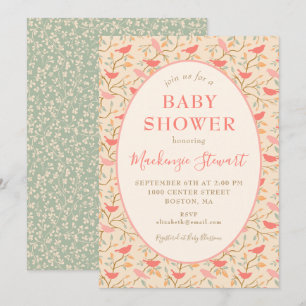Boho-Korallenrosa Süße Whimsical-Vögel Baby-Party Einladung