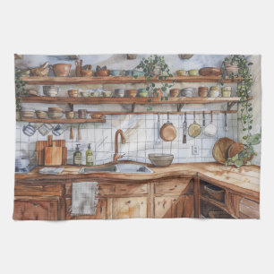 Boho-Kücheninterieur-Wasserfarbe mit offenen Regal Geschirrtuch