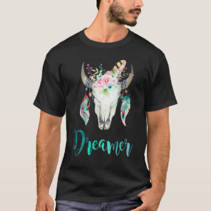 Boho-Kuh-Schädel-Blumen und Feder T-Shirt