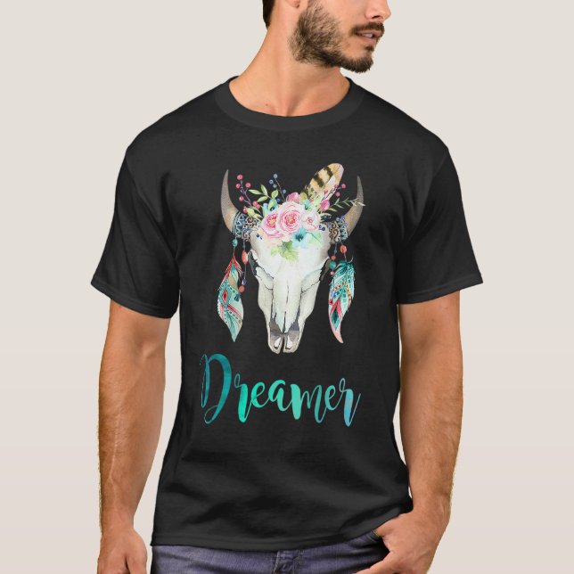 Boho-Kuh-Schädel-Blumen und Feder T-Shirt (Vorderseite)