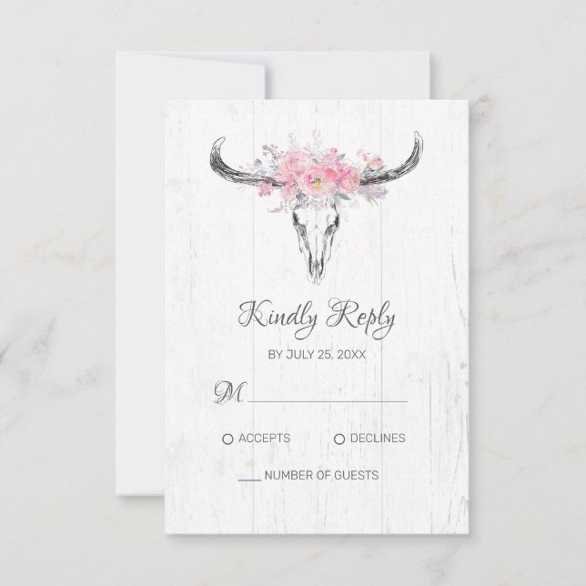 Boho Kuh Skull Bloral Rosa Aquarell Rose RSVP Karte (Vorderseite)