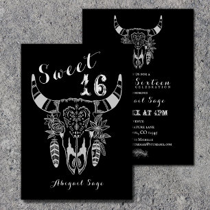 Boho Kuh Skull Schwarz und Weiß Sweet 16 Geburtsta Einladung