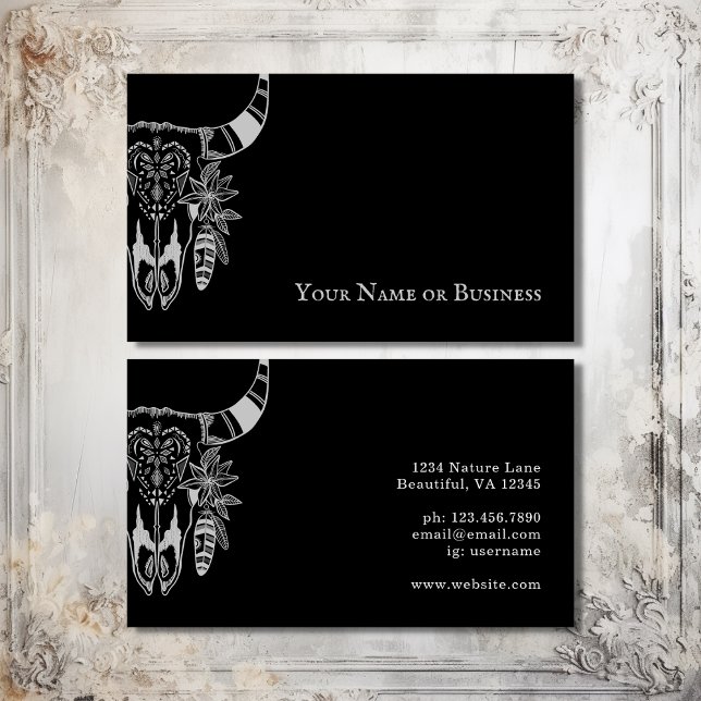 Boho Kuh Skull Schwarz-Weiß Bohemisch Visitenkarte (Boho Cow Skull Black and White Bohemian Business Card)