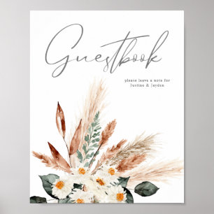 Boho-Kupfer-Pampas-Beige-Blumen-Gästebuch-Schild Poster
