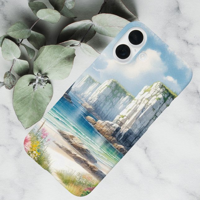 Boho-Küstenklippen-Wildblumen-Strandkunst iPhone 16 Plus Hülle (Von Creator hochgeladen)