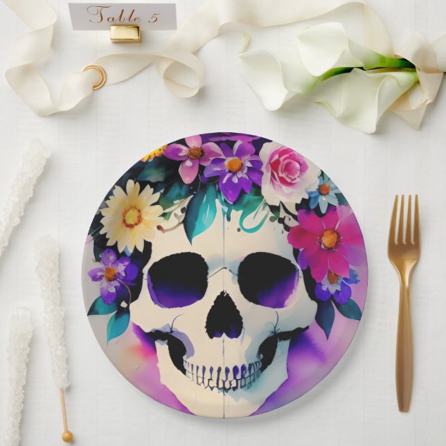 Boho lächelt Schädel in Blume Krone Pappteller (Hochzeit)