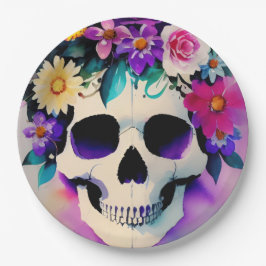 Boho lächelt Schädel in Blume Krone Pappteller