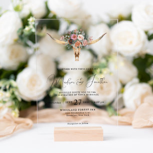 Boho-Landhaus-Stil Florale Stierschädel-Hochzeit Acryleinladungen
