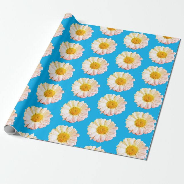 Boho Large Daisy Muster auf blauem Wrapping Paper Geschenkpapier (Ungerollt)