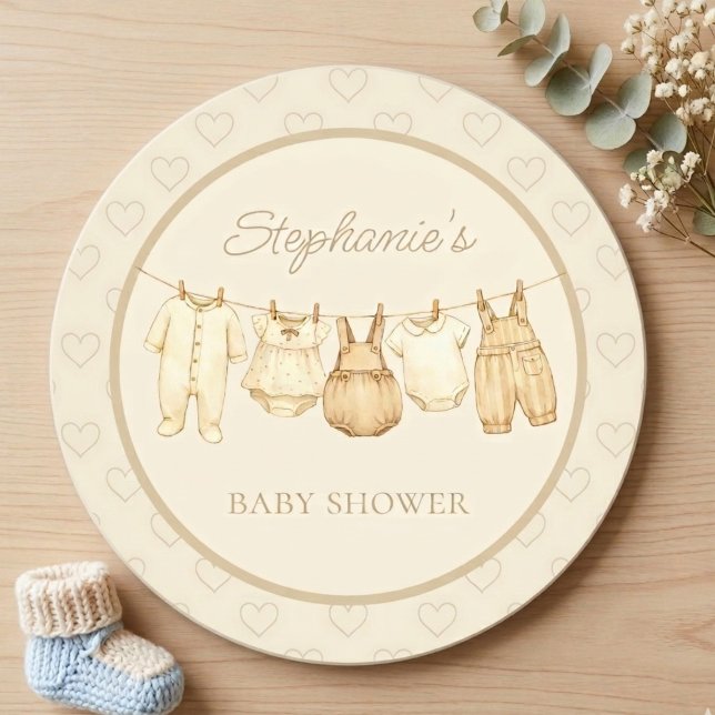 Boho Laundry Line Baby Shower Runder Pappuntersetzer (Gender neutral baby shower drink coaster.)