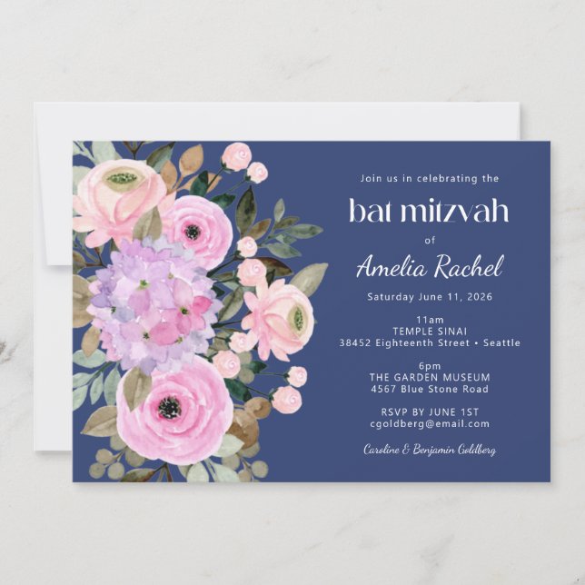 Boho Lavender Blue Floral Watercolor Bat Mitzvah Einladung (Vorderseite)